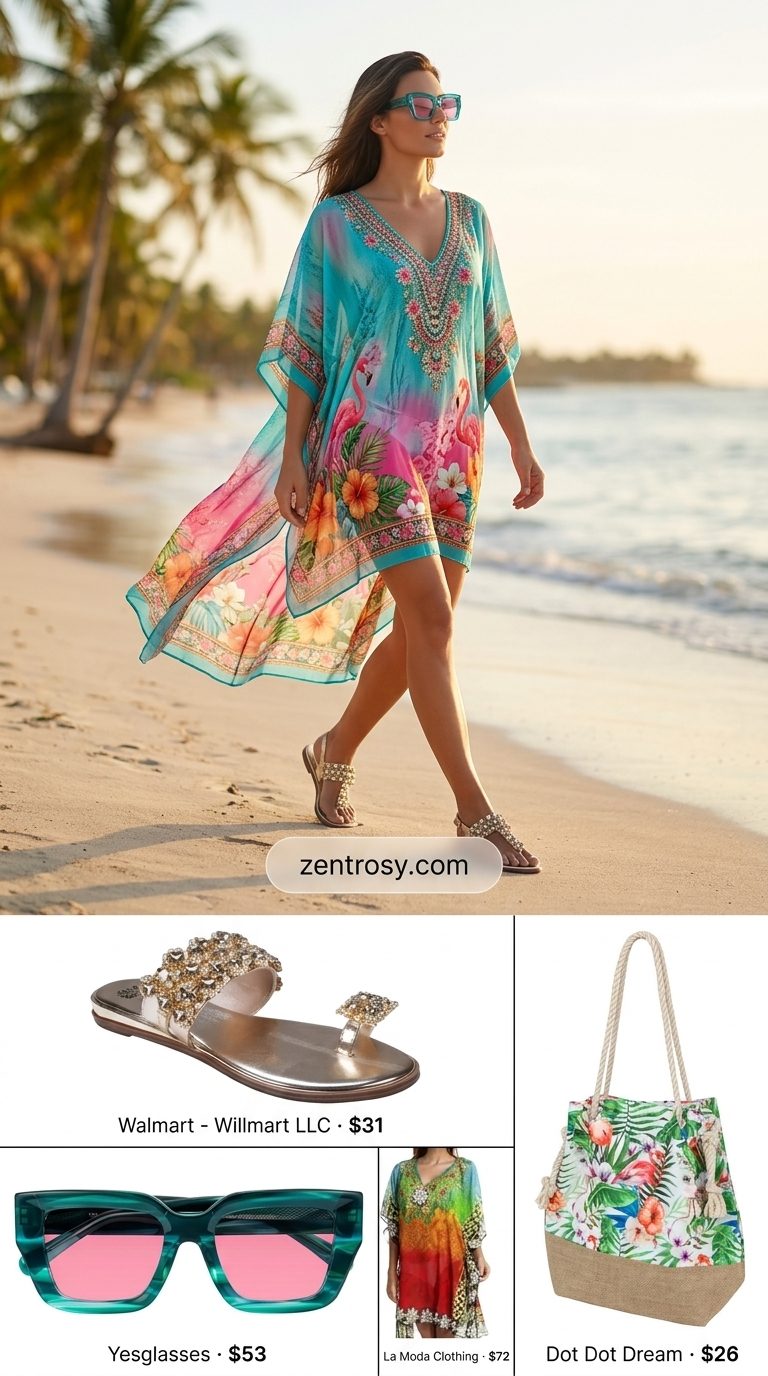 Cute summer beach outfit for women 2026: Multi-color print kaftan, embellished sandals, and oversized beach tote.