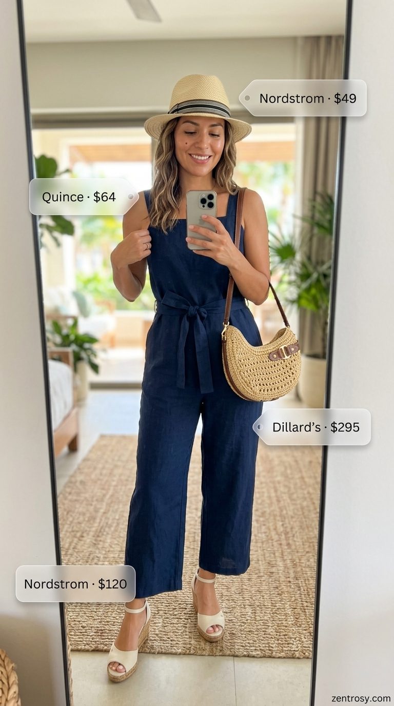 Cute summer beach outfit for women 2026: Navy linen jumpsuit, straw bag, fedora, espadrilles for vacation.