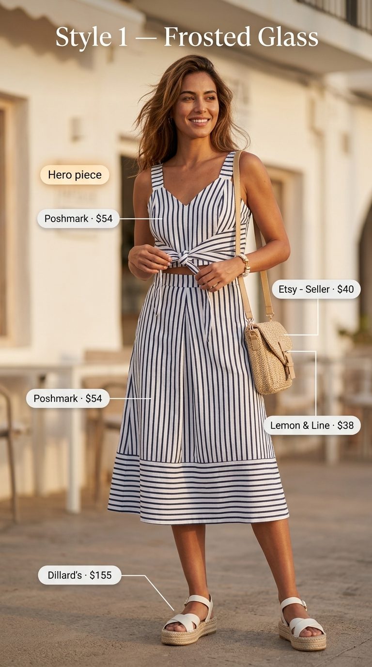 Cute summer beach outfit for women 2026: Navy stripe co-ord set, white espadrilles, straw crossbody, and rope bracelet.
