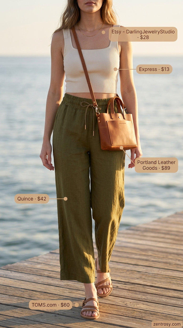 Cute summer beach outfit for women 2026: Olive linen pants, cream crop top, tan sandals, and leather crossbody.
