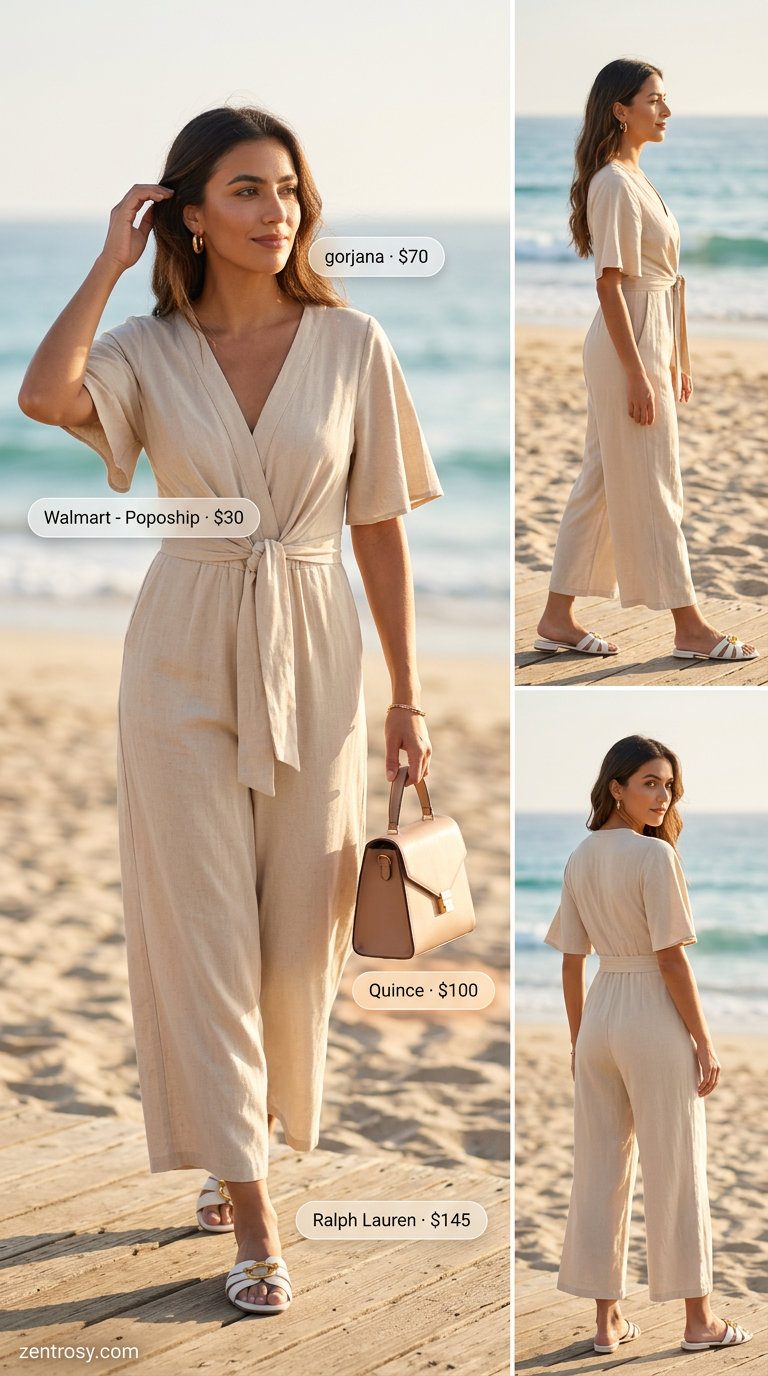 Cute summer beach outfit for women 2026: Sand beige linen jumpsuit, white sandals, gold earrings, and crossbody bag.