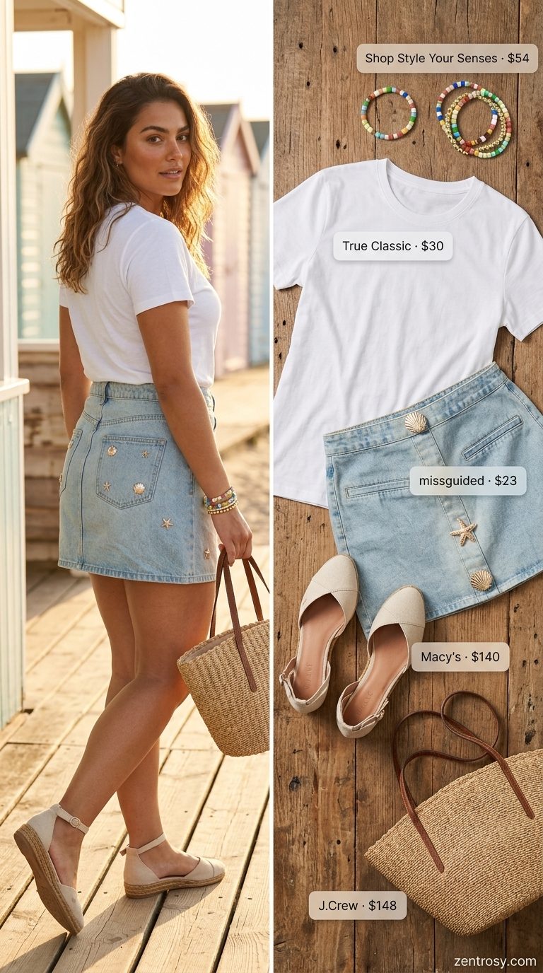 Cute summer beach outfit for women 2026: Denim mini skirt with shells, white tee, espadrilles, and straw tote.