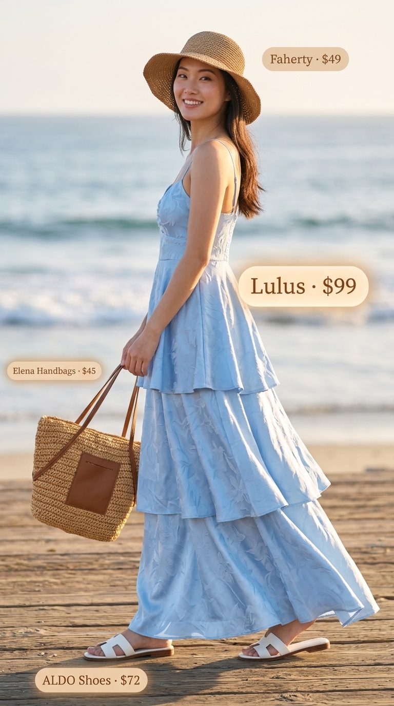 Cute summer beach outfit for women 2026: Sky blue maxi dress, straw hat, tote, white slides for resort.