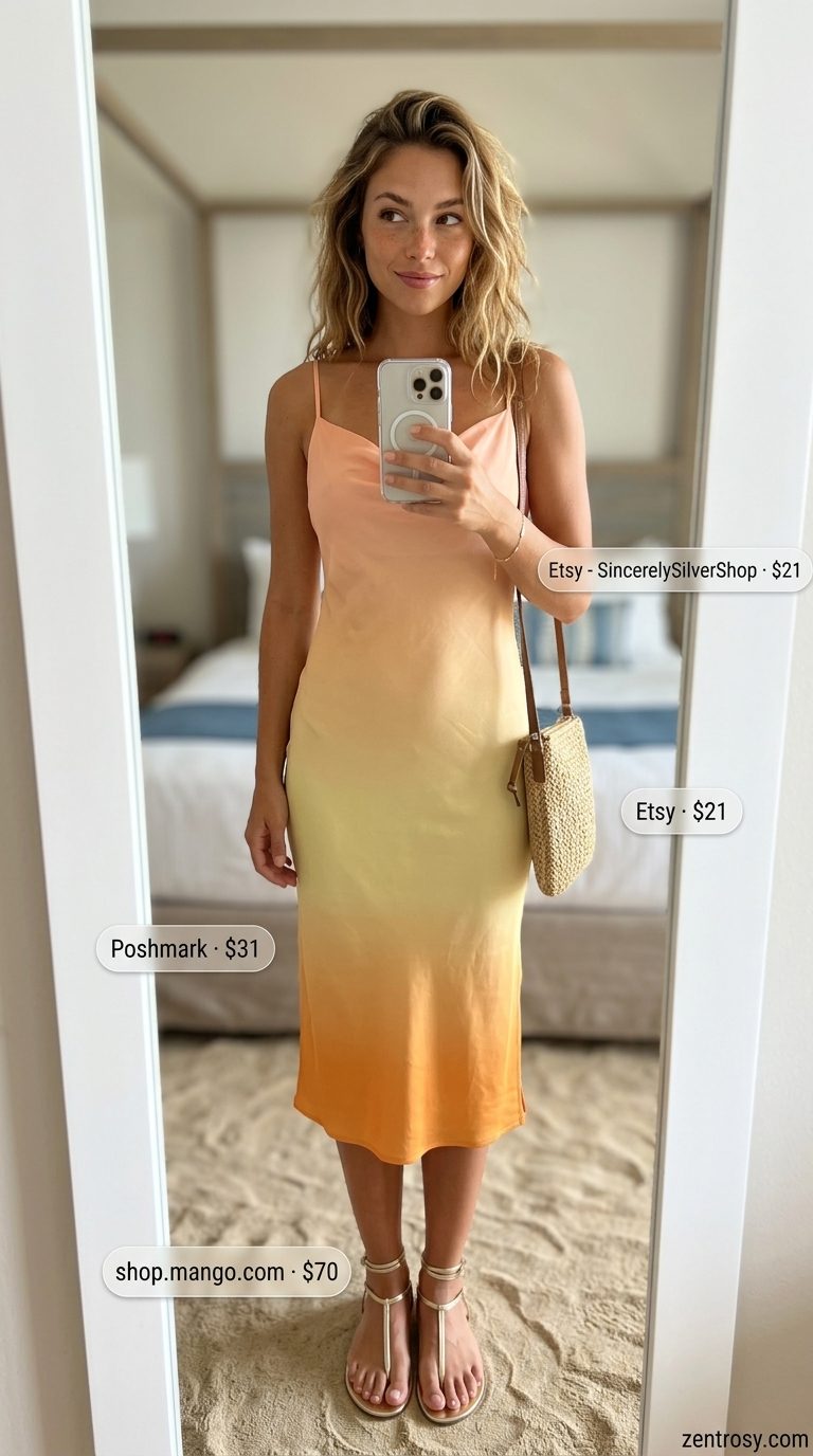 Cute summer beach outfit for women 2026: Gradient slip dress, straw crossbody, gold sandals, and gold bracelet.
