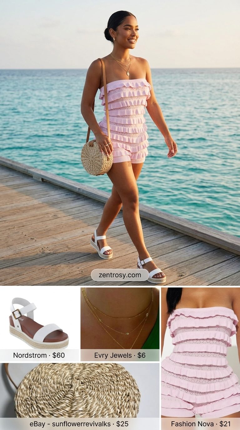 Cute summer beach outfit for women 2026: Blush pink romper, straw crossbody, layered necklaces, and espadrille sandals.