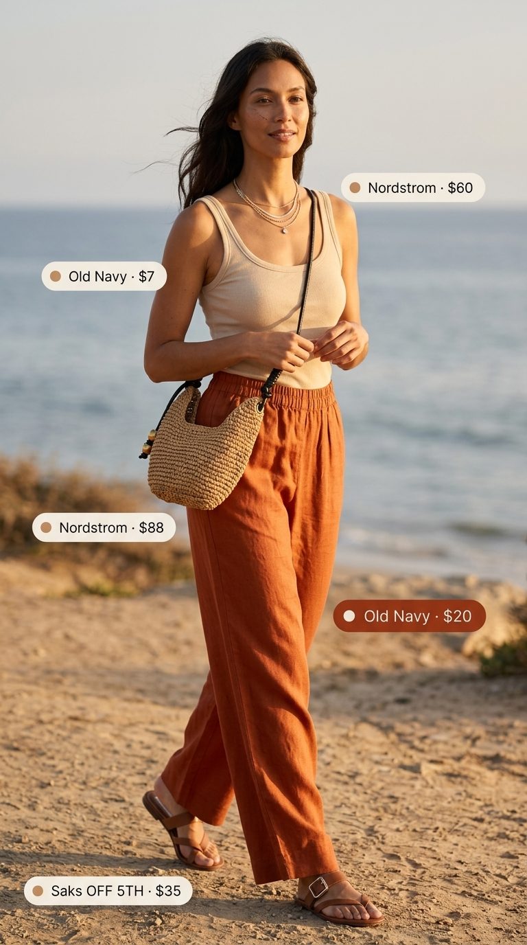 Cute summer beach outfit for women 2026: Terracotta linen pants, cream tank top, tan sandals, straw bag, gold necklaces.