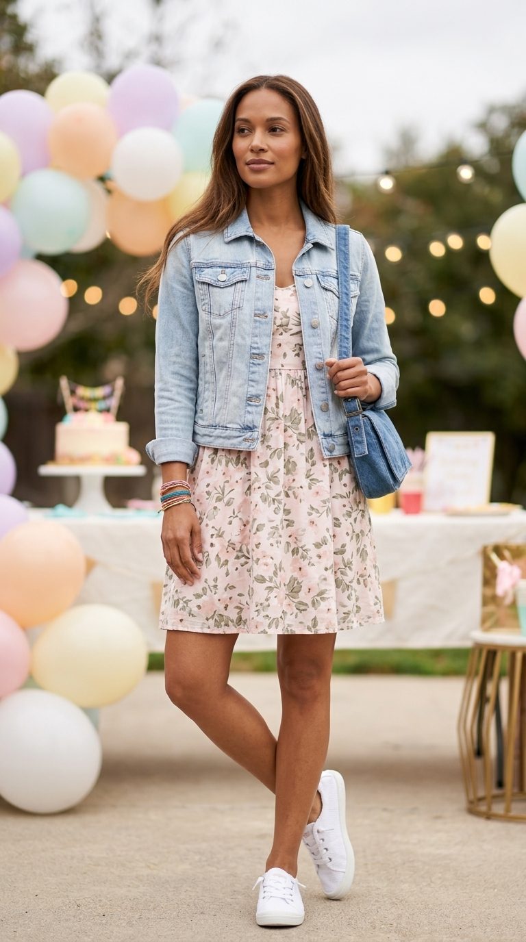 Cute summer birthday outfit for women 2026: floral mini dress, denim jacket, white sneakers, crossbody bag.