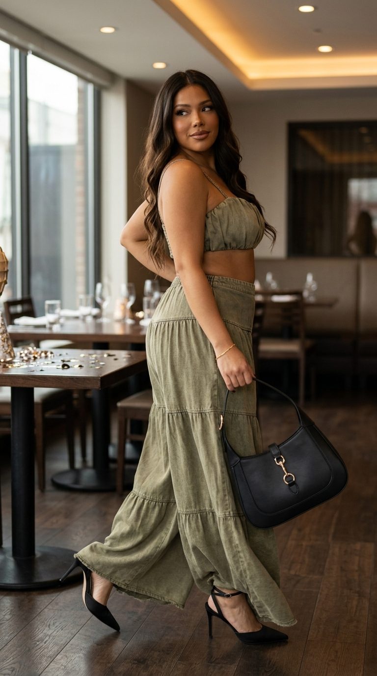 Cute summer birthday outfit for women 2026: khaki green set, gold bracelet, black heels, shoulder bag.