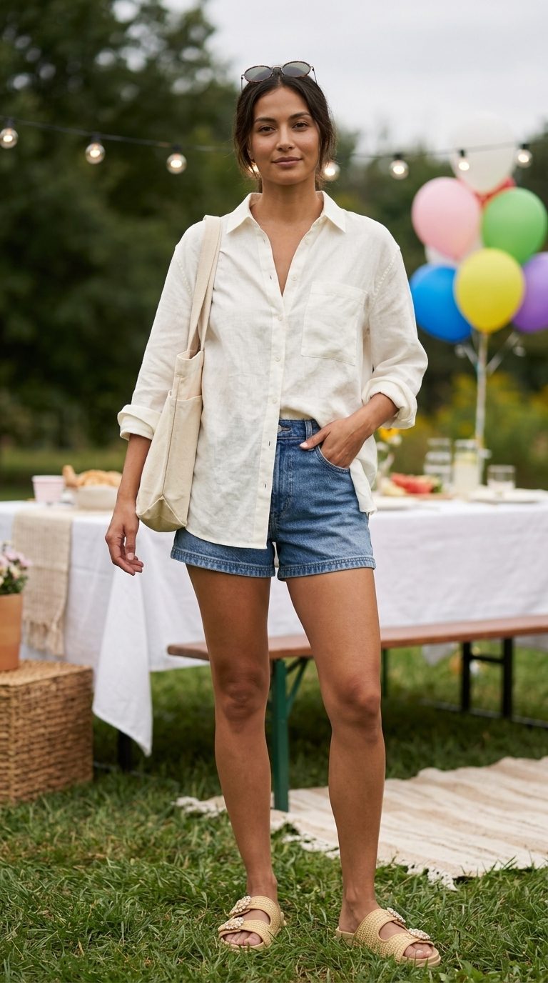 Cute summer birthday outfit for women 2026: linen shirt, denim shorts, leather slides, canvas tote.