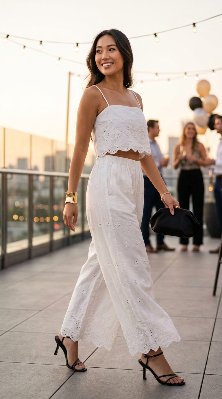 Cute summer birthday outfit for women 2026: white linen set, black sandals, clutch, gold cuff.