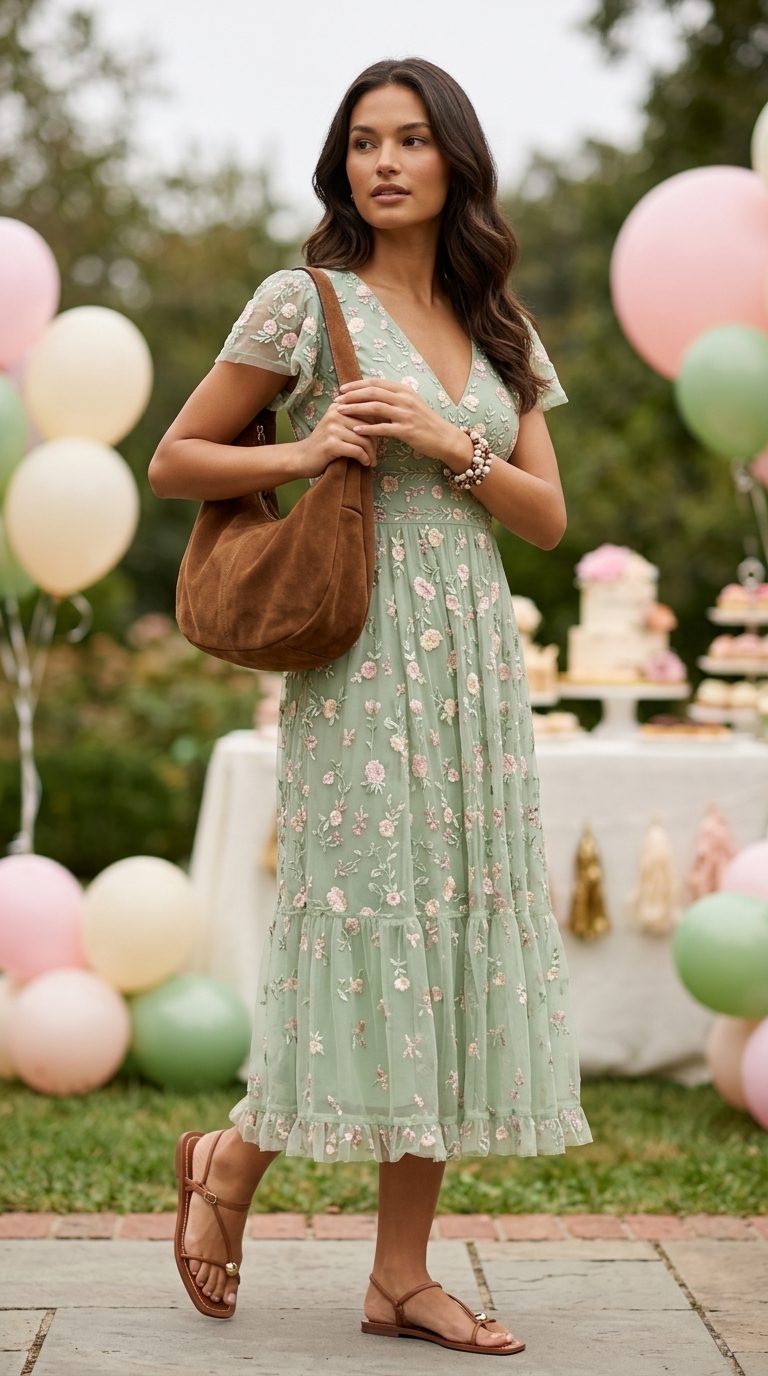 Cute summer birthday outfit for women 2026: Olive green embroidered dress, tan sandals, suede hobo bag & beaded bracelets.