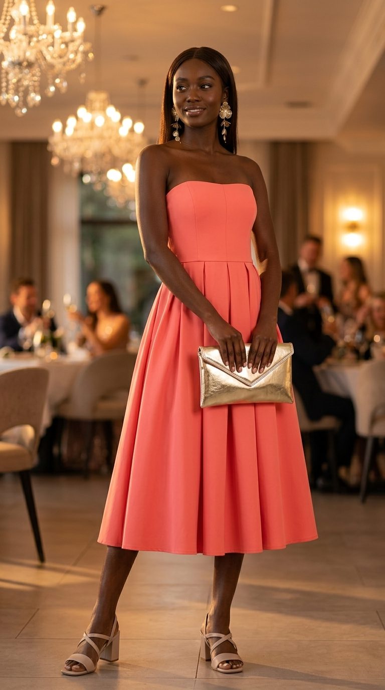 Cute summer birthday outfit for women 2026: Coral midi dress, beige sandals, gold clutch & earrings for a festive evening party.