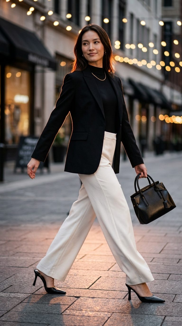 Cute summer birthday outfit for women 2026: Cream wide-leg trousers, black blazer, bodysuit & heels for a city celebration.