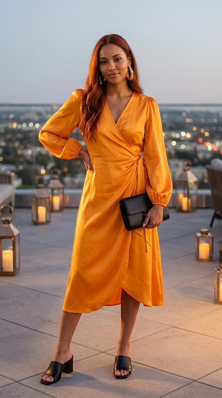 Cute summer birthday outfit for women 2026: Mango orange wrap dress, black heels & clutch for a rooftop dinner.