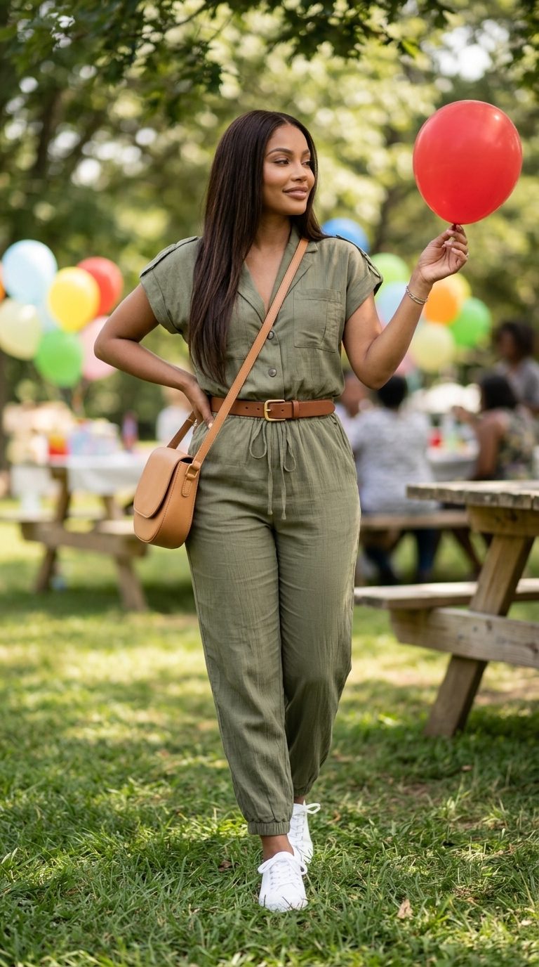 Cute summer birthday outfit for women 2026: Olive green utility jumpsuit, sneakers, belt & crossbody bag for a casual day.