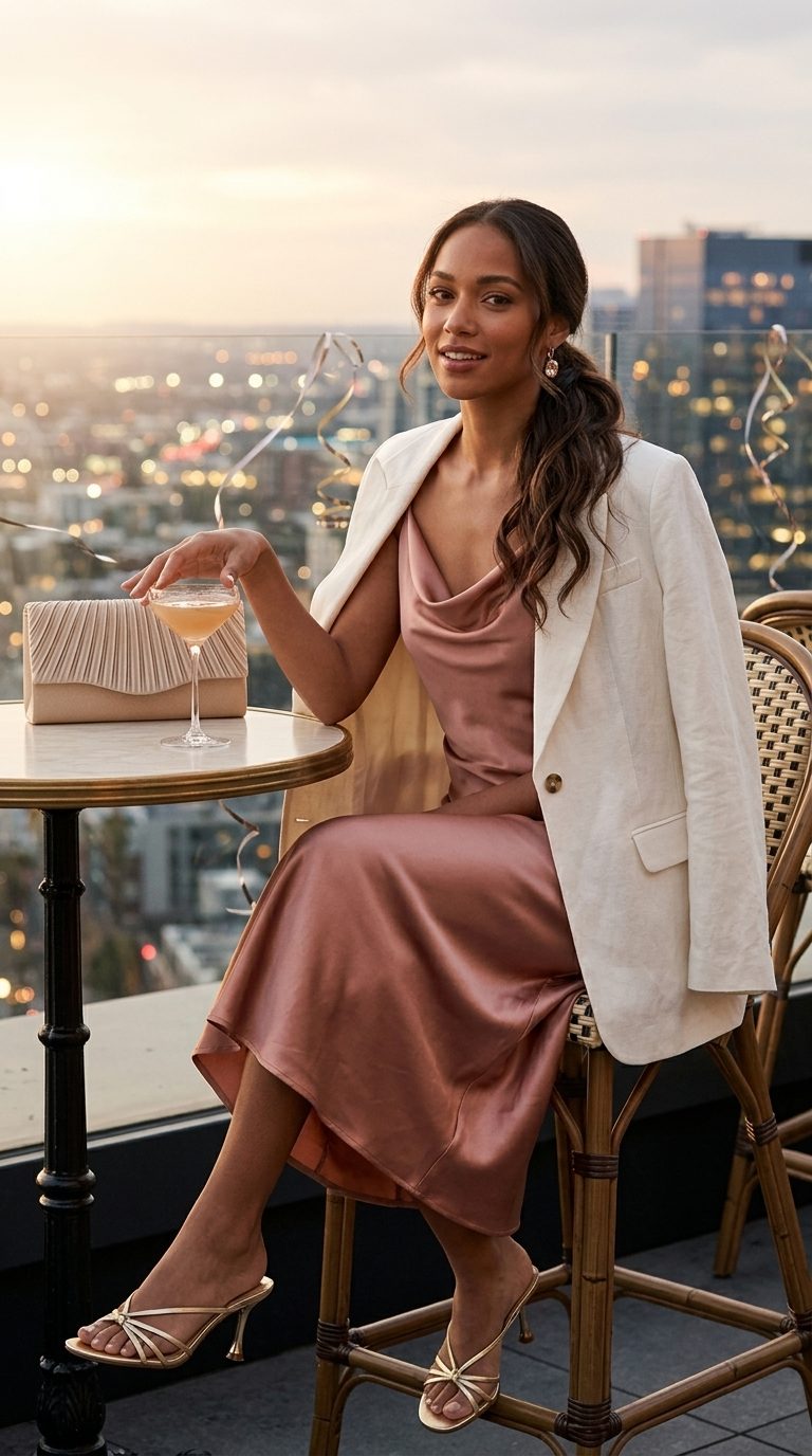 Cute summer birthday outfit for women 2026: Rose gold slip dress, ivory blazer, champagne heels & clutch for a birthday dinner.