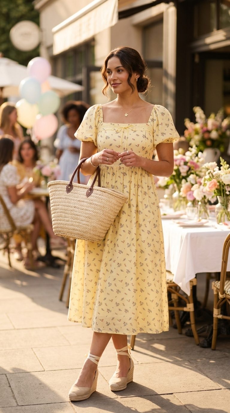 Cute summer birthday outfit for women 2026: Yellow sundress, espadrilles, straw tote & gold necklace for a party.