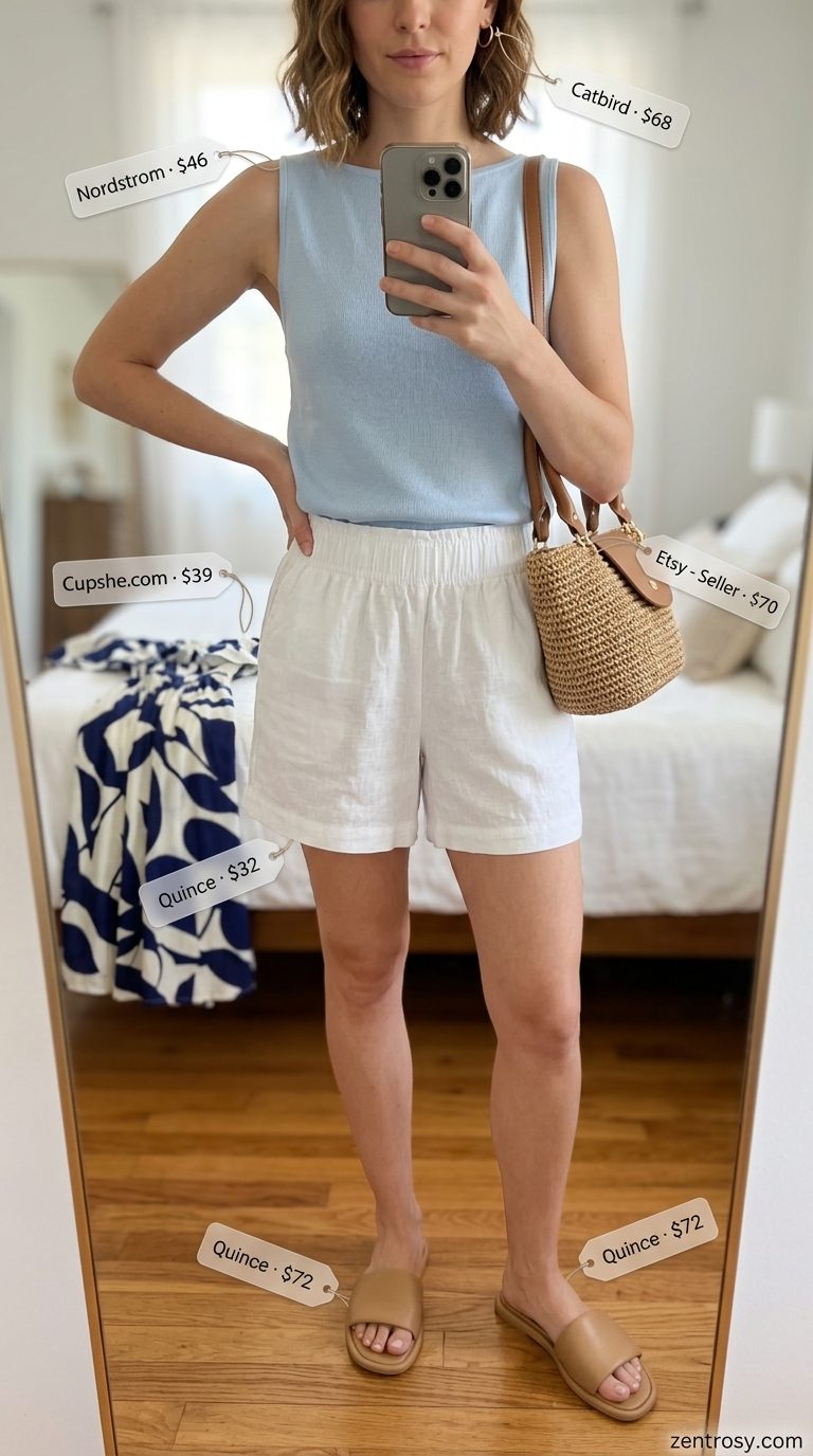 Cute summer boat outfits for women 2026: Sky blue boat neck top, white linen shorts, flat sandals, straw tote.