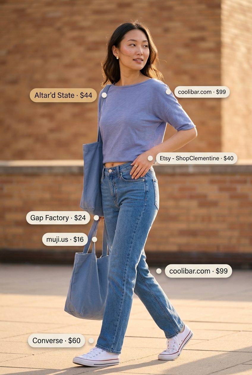 Cute summer boat outfits for women 2026: Light blue boat neck tee, straight leg jeans, canvas tote for casual errands.