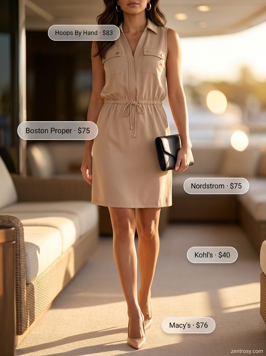 Cute summer boat outfits for women 2026: Coral boat neck midi dress, nude heels, gold hoops, clutch.
