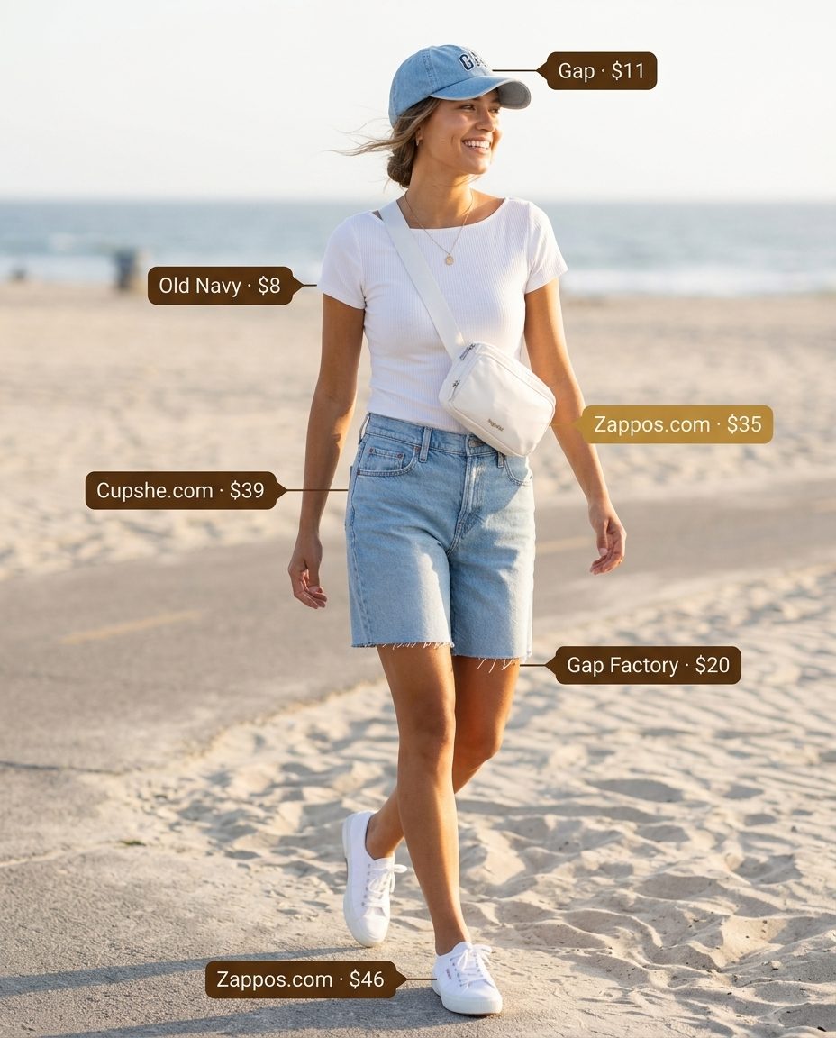 Cute summer boat outfits for women 2026: Navy tee, denim shorts, white sneakers, belt bag for casual day out.