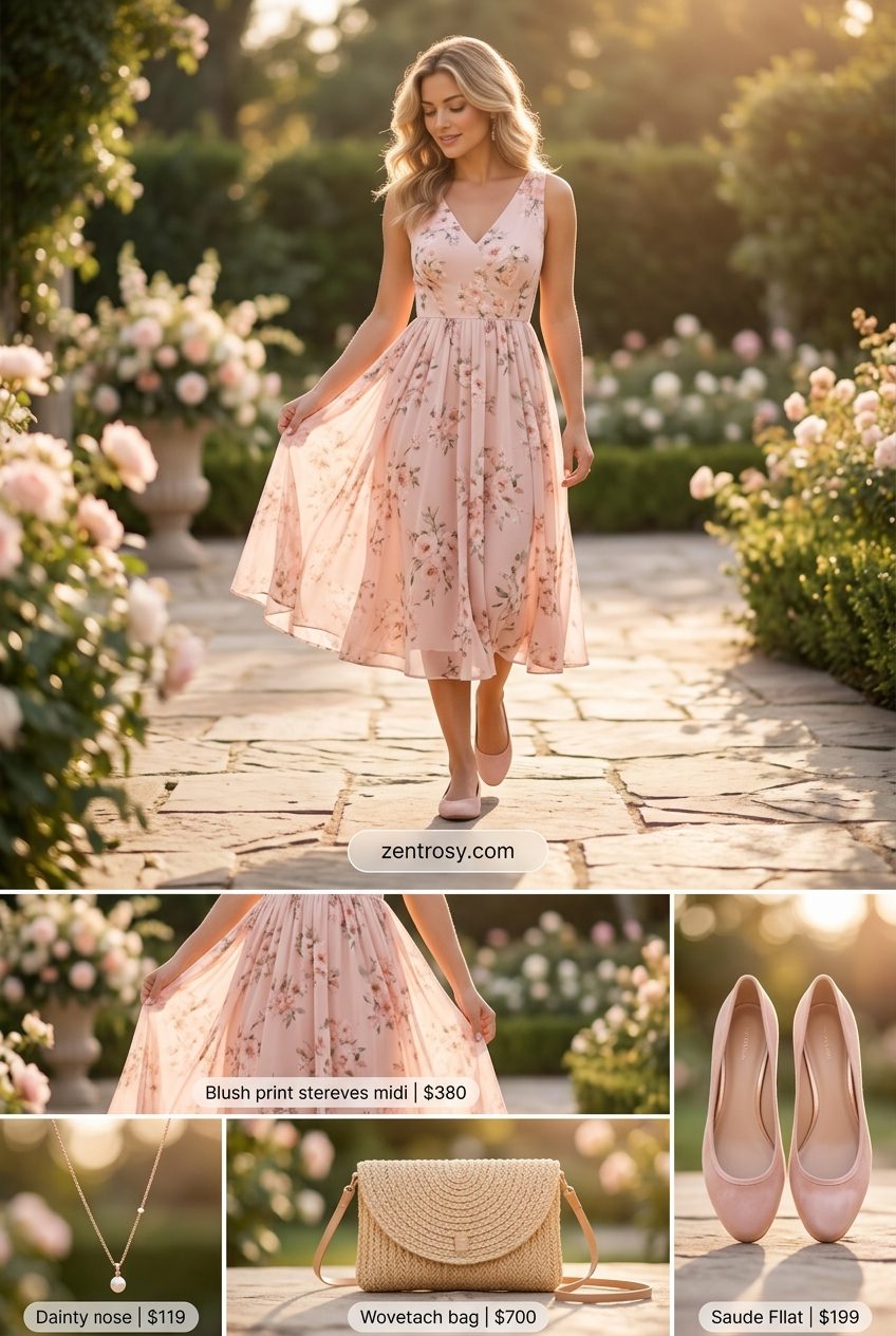 Cute summer boat outfits for women 2026: Blush boat neck top, floral midi skirt, block heels for garden party.