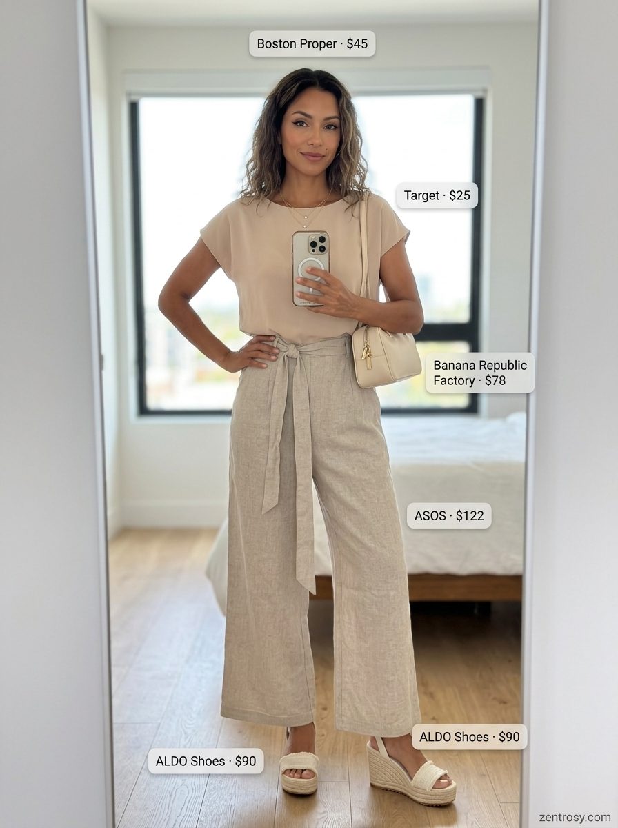 Cute summer boat outfits for women 2026: Sand beige linen jumpsuit, white espadrille wedges, gold necklaces.