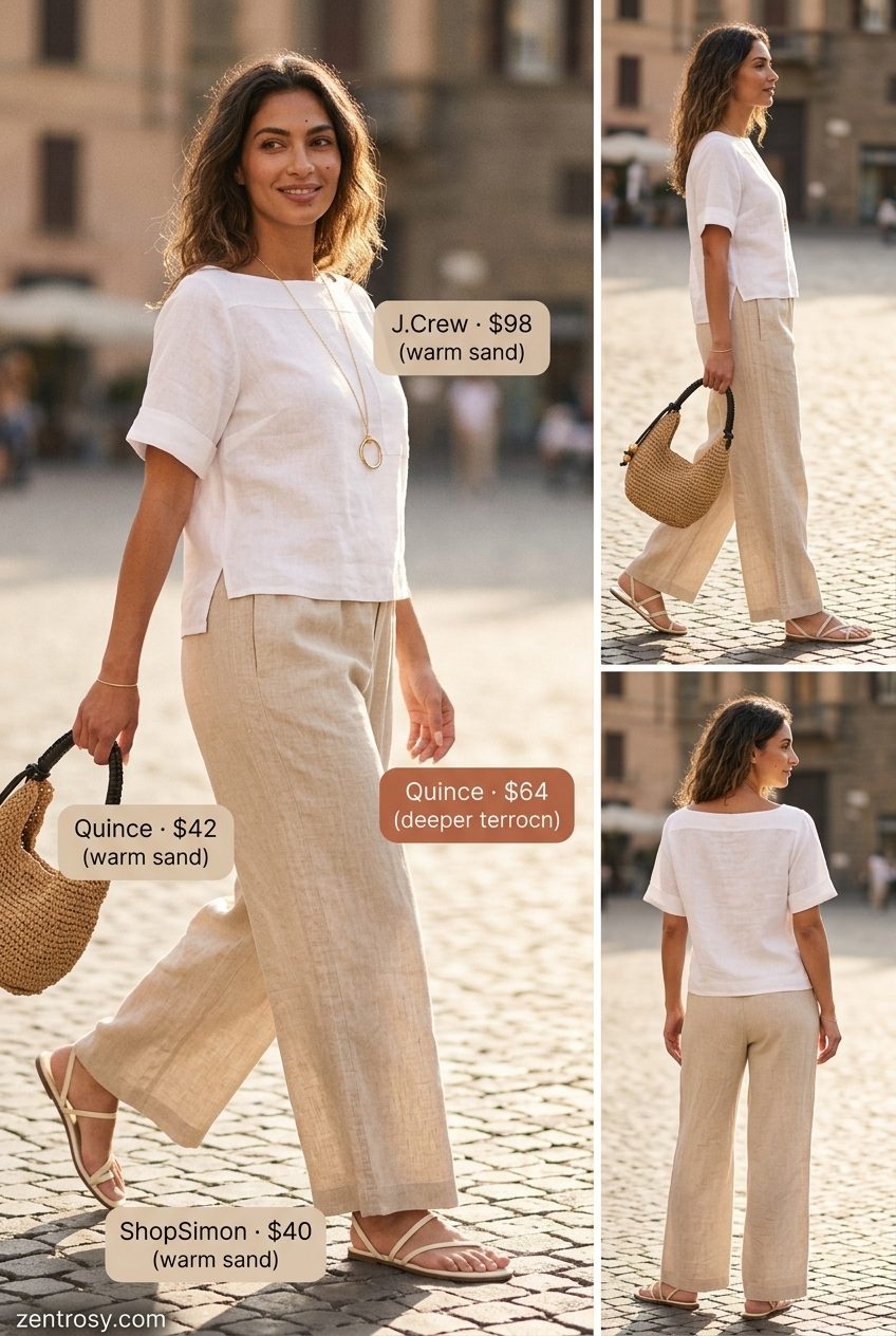 Cute summer boat outfits for women 2026: Beige linen pants, cream boat neck top, flat sandals, straw bag.