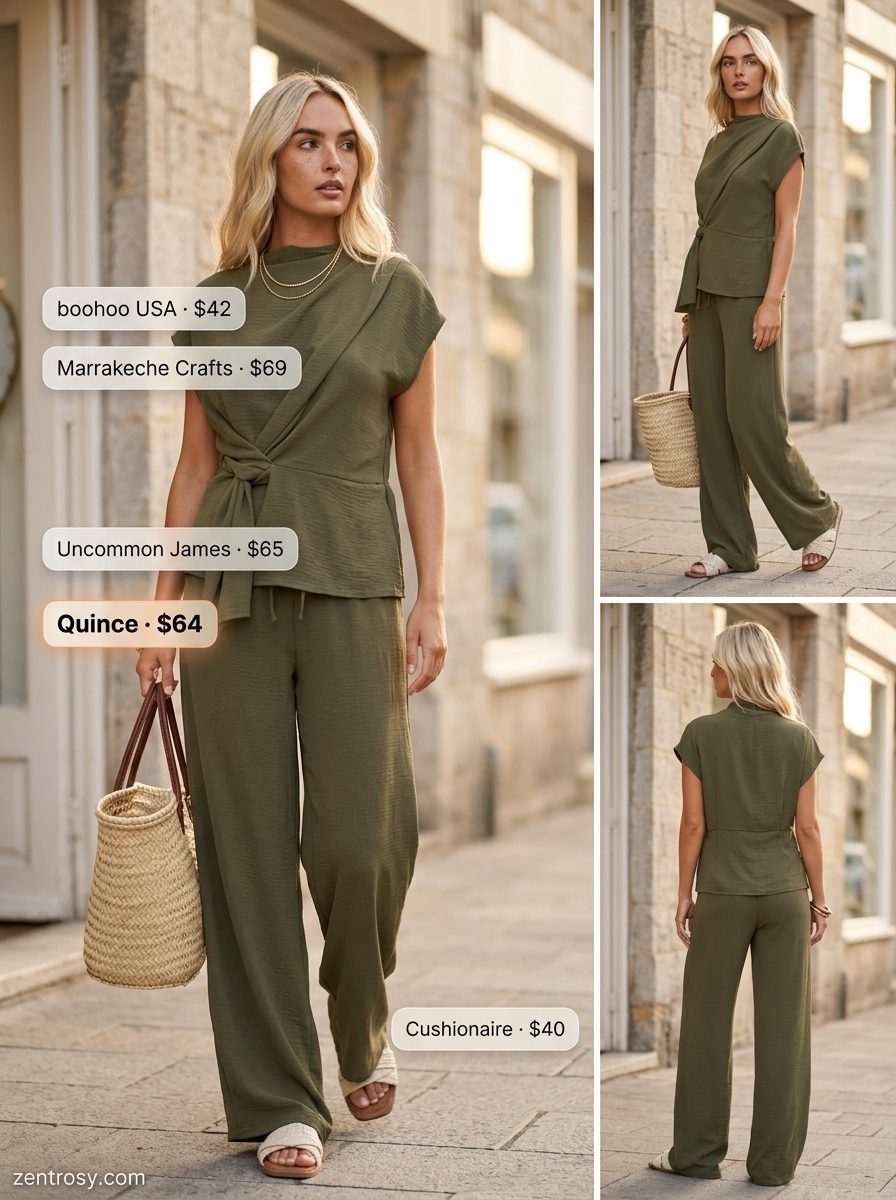 Cute summer boat outfits for women 2026: Olive green linen set, boat neck top, wide-leg pants, espadrilles.