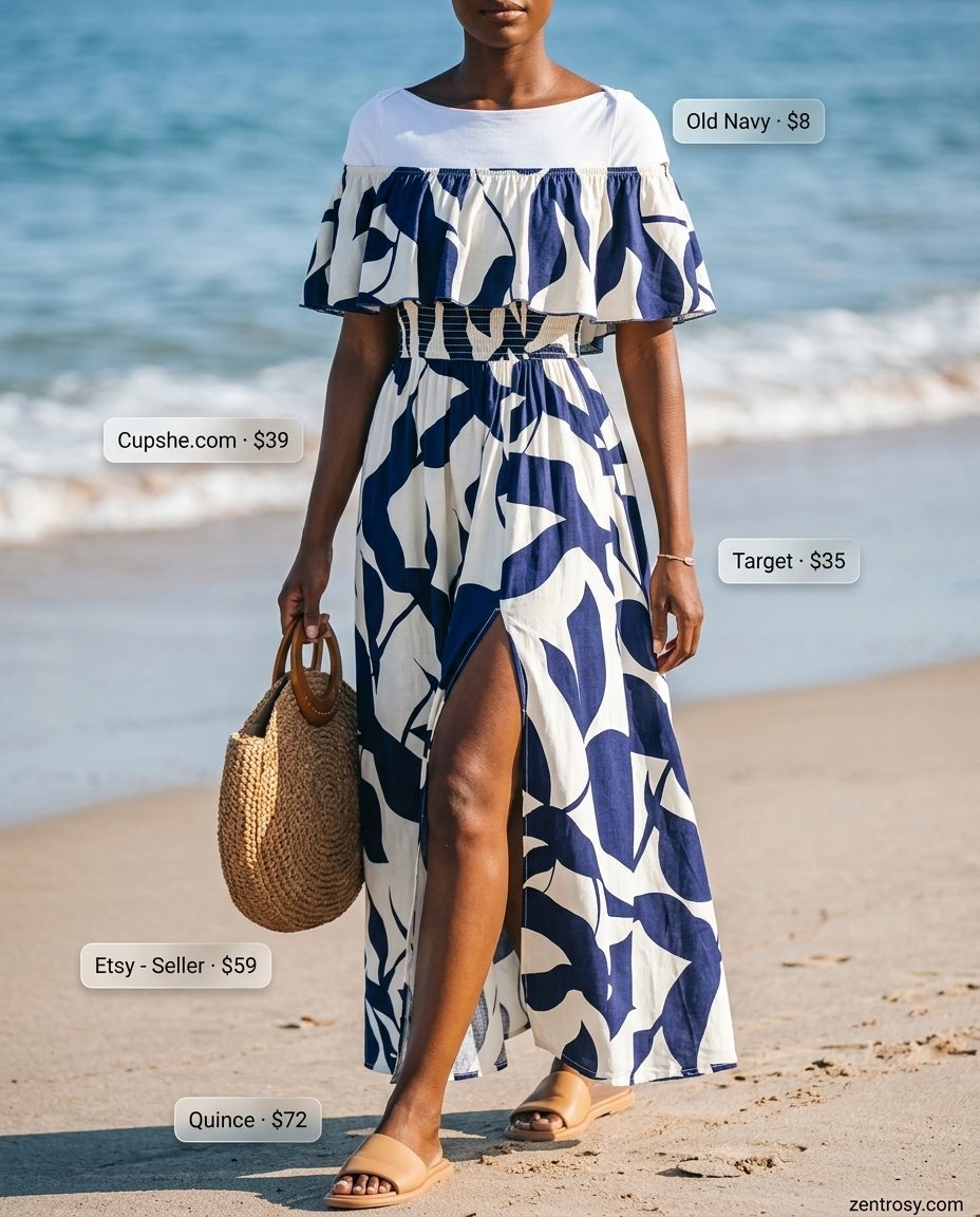 Cute summer boat outfits for women 2026: White boat neck top, denim shorts, flat sandals, straw tote.