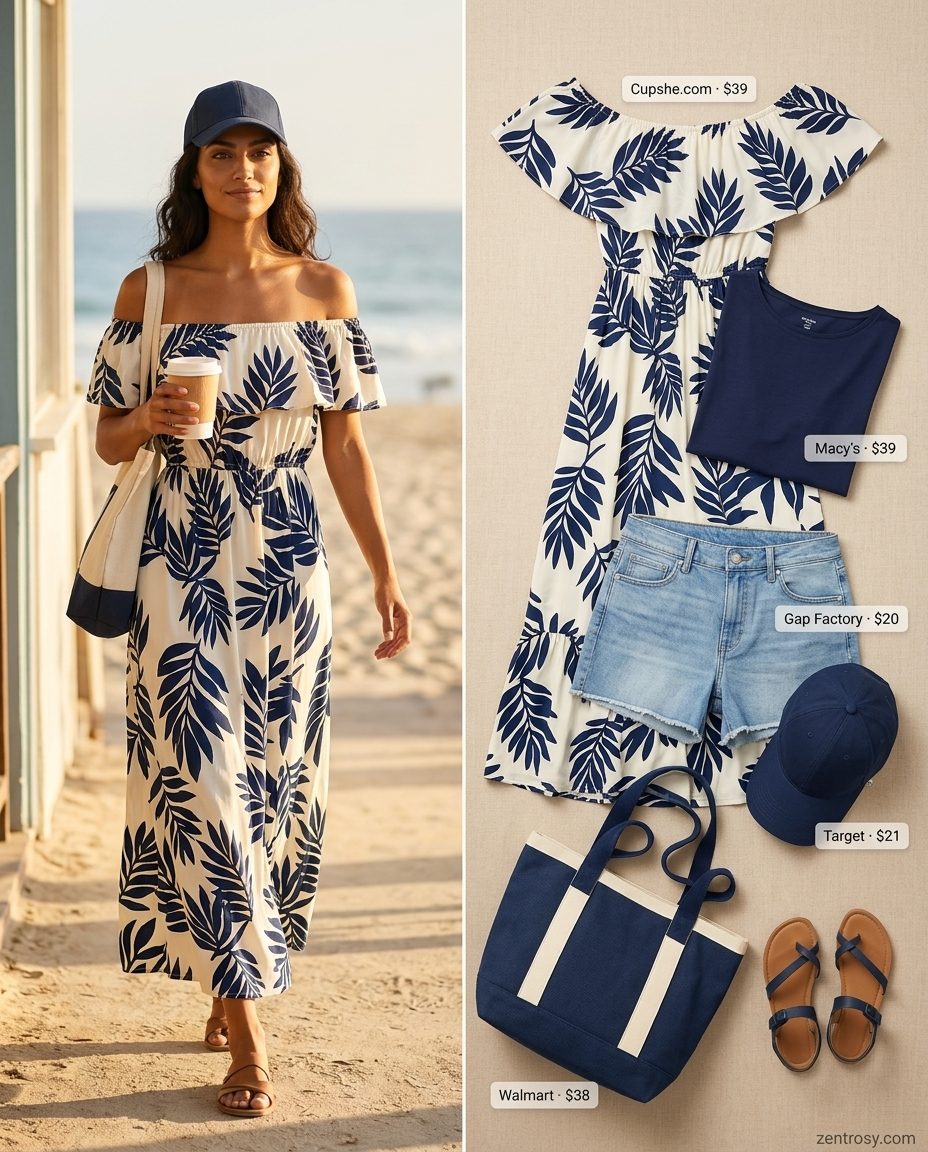 Cute summer boat outfits for women 2026: Denim shorts & navy boat neck tee.