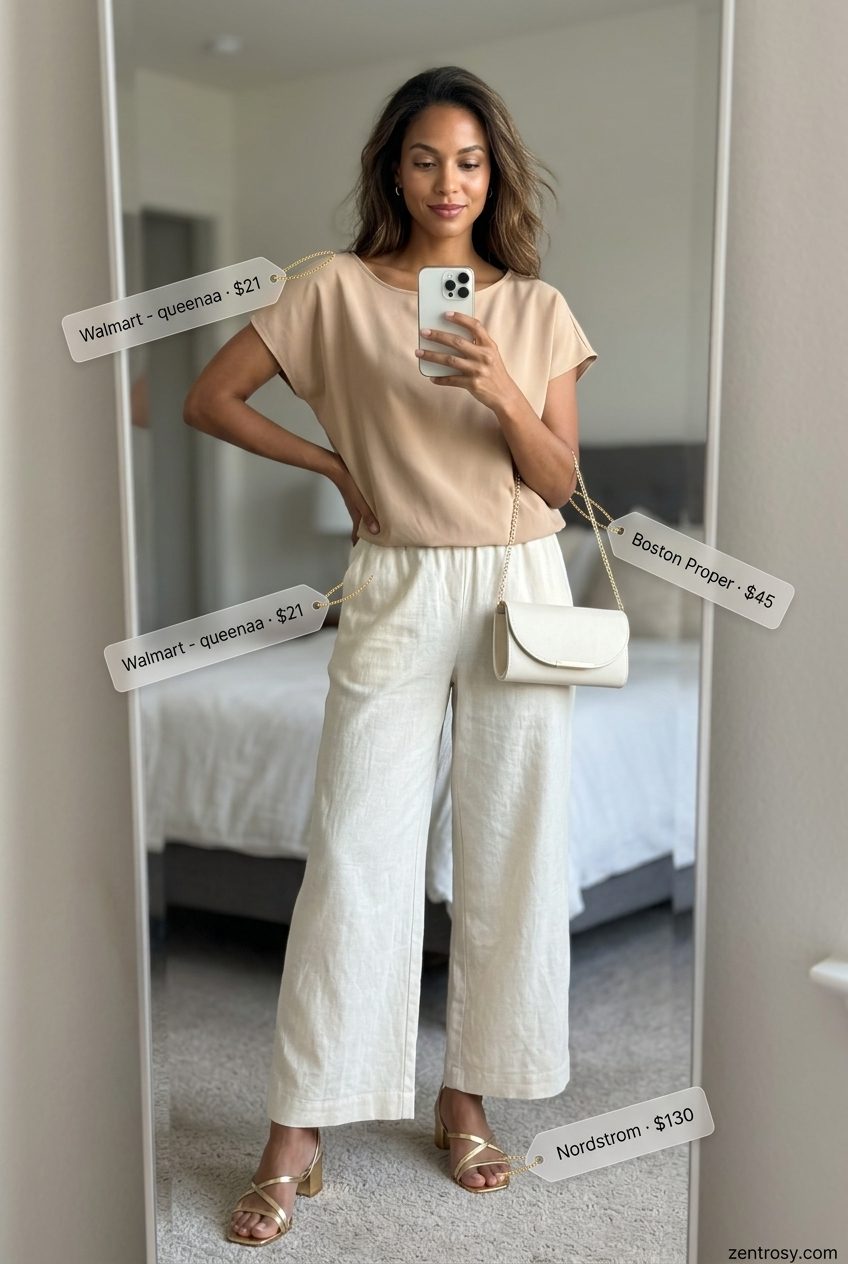Cute summer boat outfits for women 2026: Ivory linen set with gold sandals.