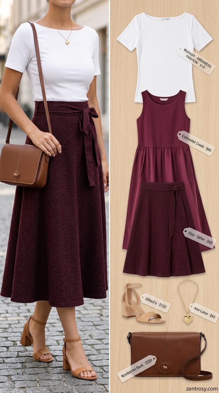 Cute summer boat outfits for women 2026: Burgundy midi skirt & ivory boat neck top.