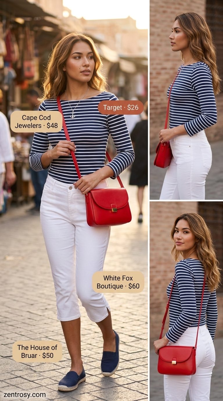 Cute summer boat outfits for women 2026: Nautical stripe boat neck top & capri pants.