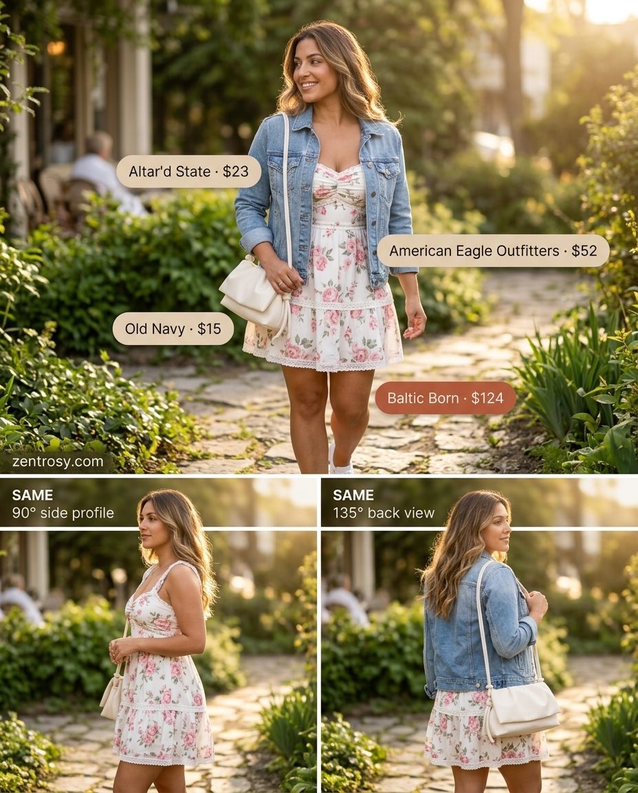 Cute summer boat outfits for women 2026: Pastel floral mini sundress with denim jacket.