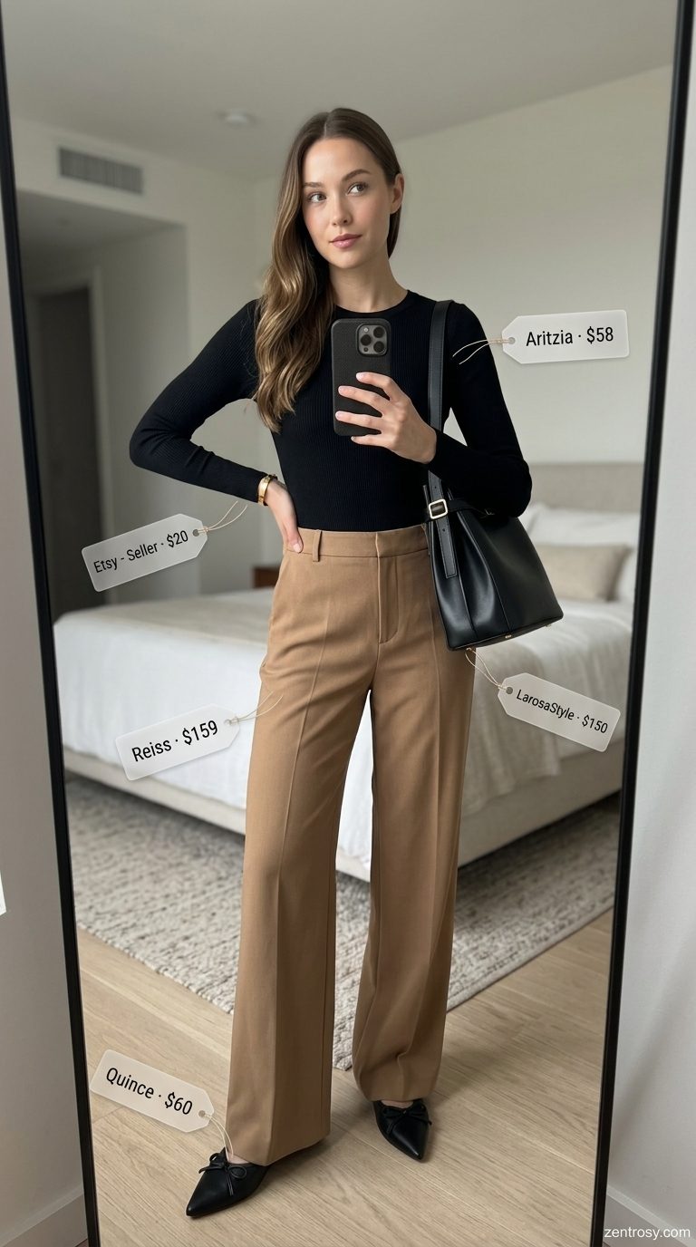 Cute summer bodysuit outfits for women 2026: Black long-sleeve bodysuit with camel wide-leg trousers for minimalist style.