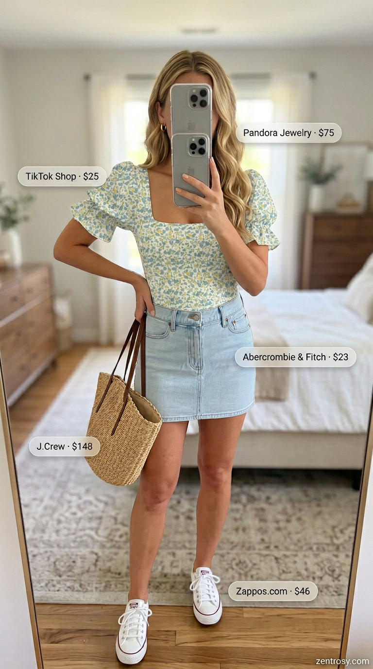 Cute summer bodysuit outfits for women 2026: Pink floral bodysuit with denim skirt and sneakers for a playful day out.
