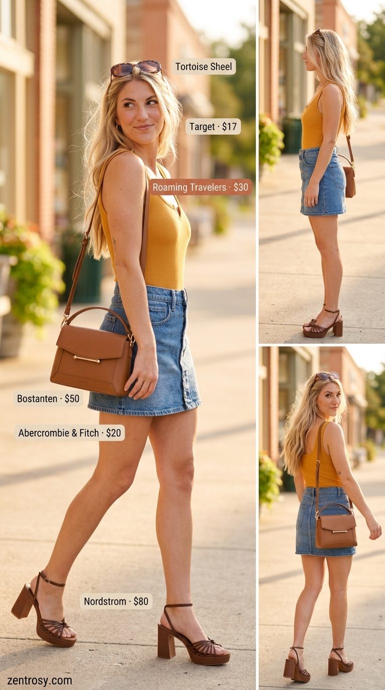 Cute summer bodysuit outfits for women 2026: Mustard yellow bodysuit with denim mini skirt for a retro vibe.