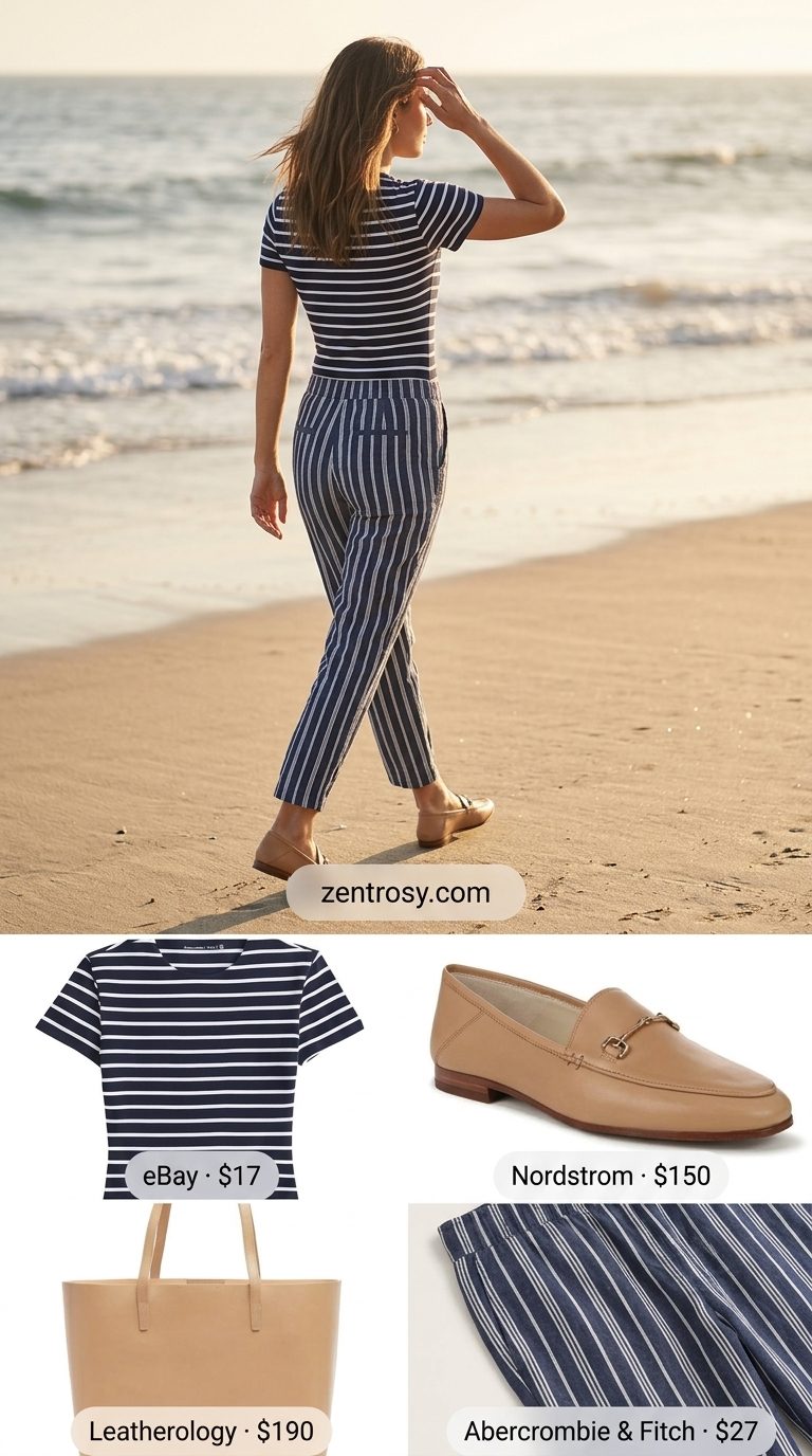 Cute summer bodysuit outfits for women 2026: Striped bodysuit with linen pants and loafers for a classic nautical look.