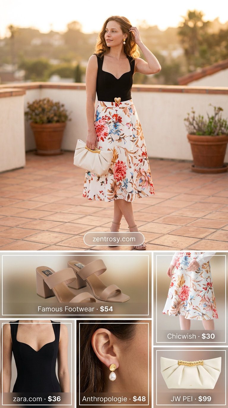 Cute summer bodysuit outfits for women 2026: Blush pink sweetheart bodysuit with floral midi skirt for date night.