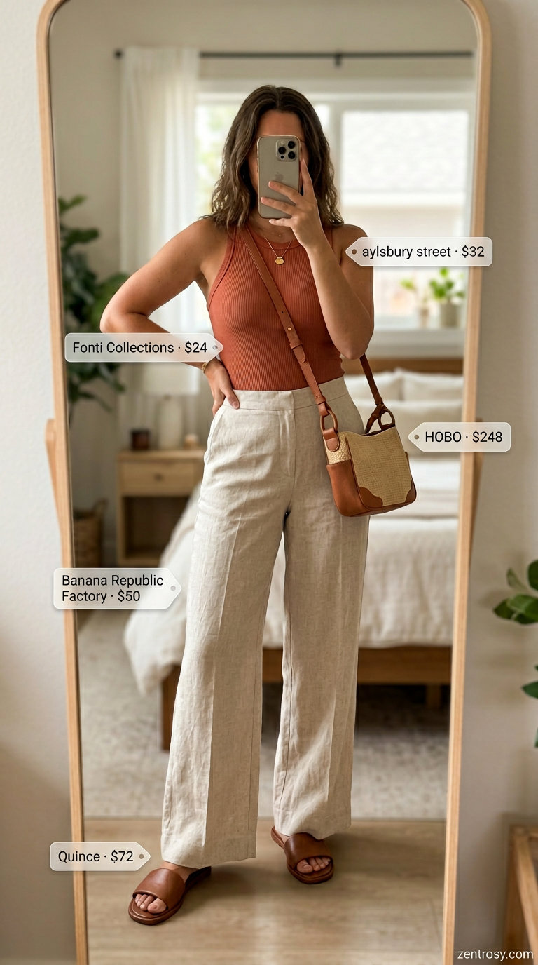 Cute summer bodysuit outfits for women 2026: Terracotta ribbed bodysuit, linen pants, and slides for a casual dinner.