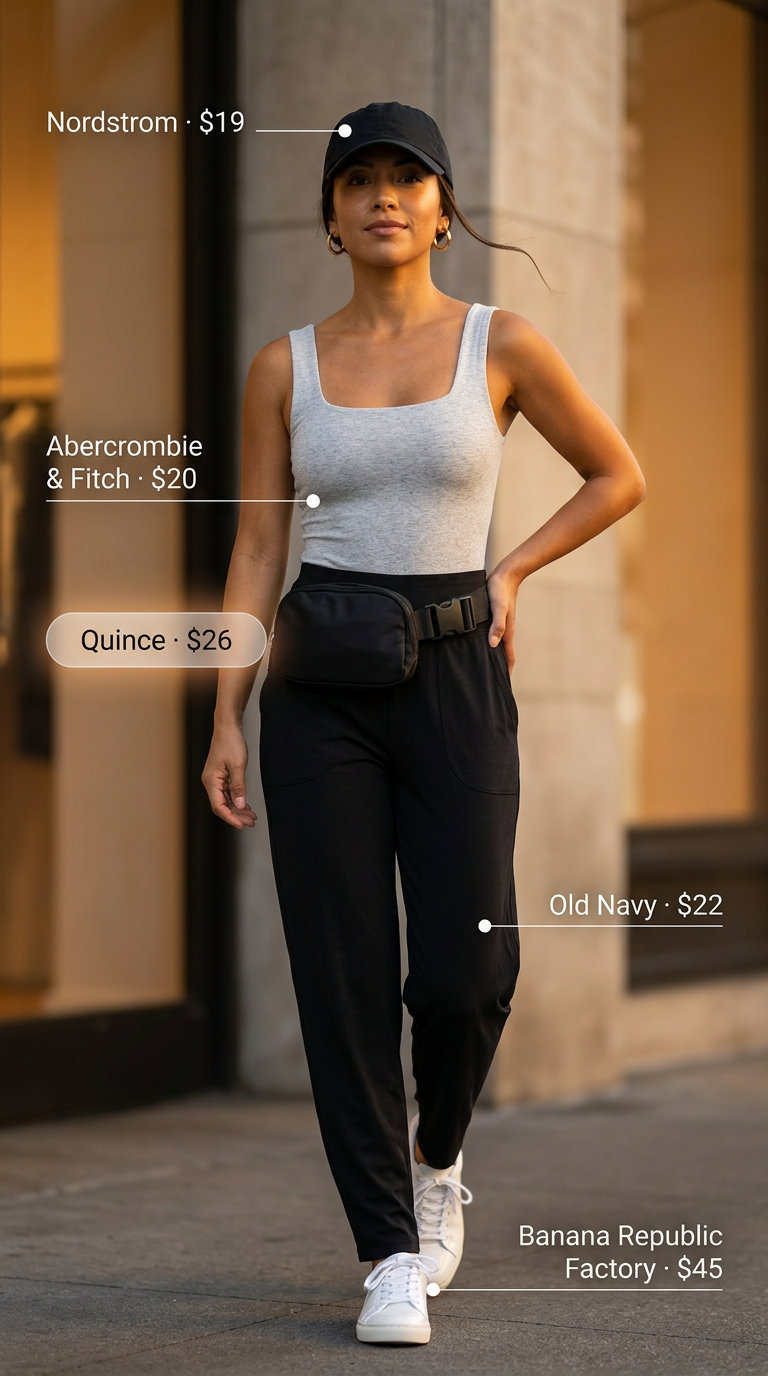 Cute summer bodysuit outfits for women 2026: Grey marl athletic bodysuit with joggers and baseball cap.