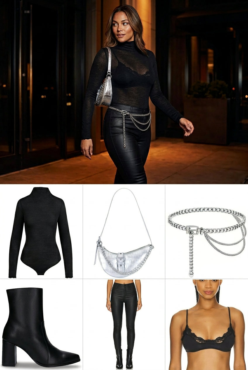 Cute summer bodysuit outfits for women 2026: Black mesh bodysuit layered over bralette with faux leather pants.