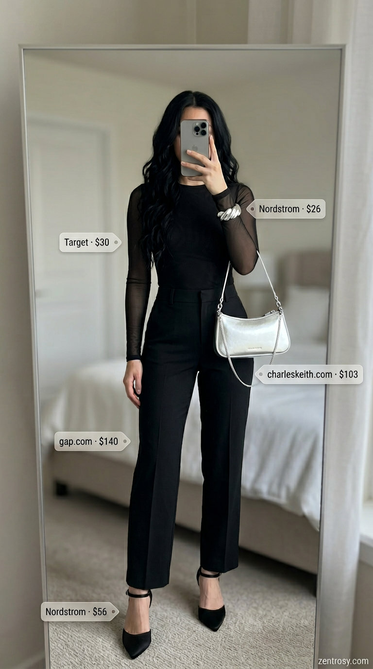 Cute summer bodysuit outfits for women 2026: Black mesh bodysuit with tailored trousers and stiletto heels.