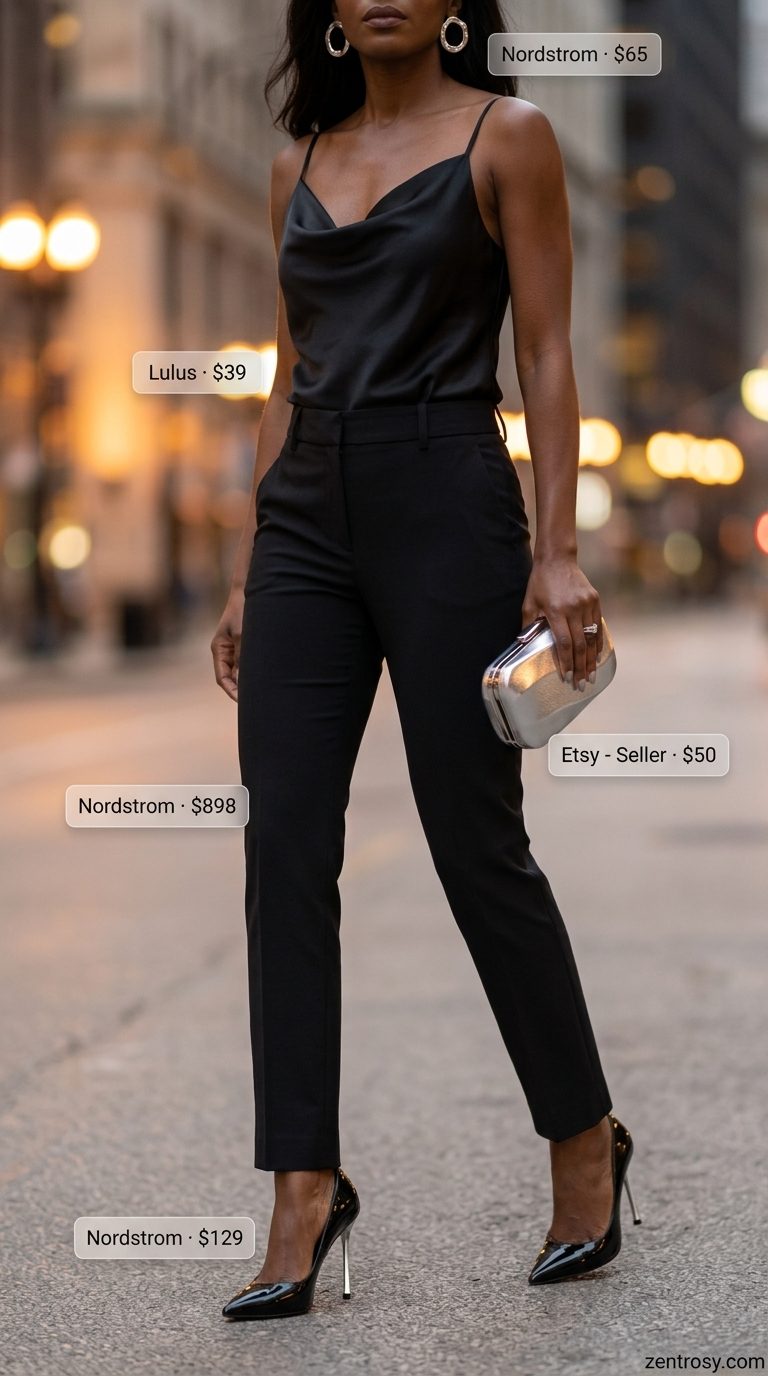 Cute summer bodysuit outfits for women 2026: Black satin bodysuit with tailored cigarette pants and stiletto heels.