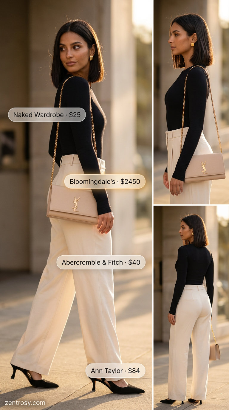 Cute summer bodysuit outfits for women 2026: Black seamless bodysuit with beige wide-leg trousers and slingback heels.