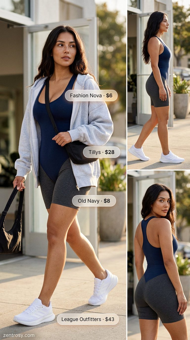 Cute summer bodysuit outfits for women 2026: Navy blue athletic bodysuit with grey biker shorts and white sneakers.