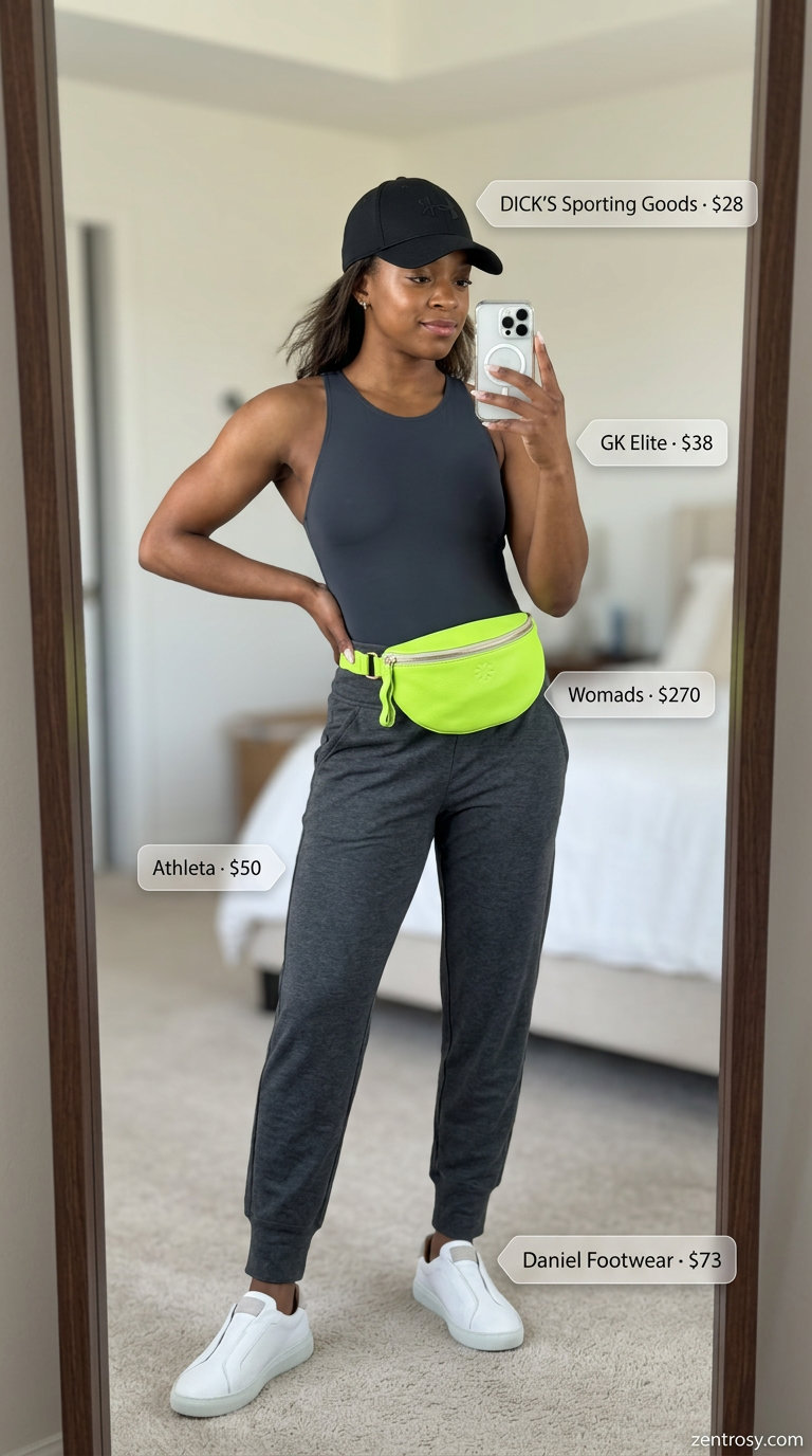 Cute summer bodysuit outfits for women 2026: Charcoal grey racerback bodysuit with joggers, sneakers, and neon green belt bag.