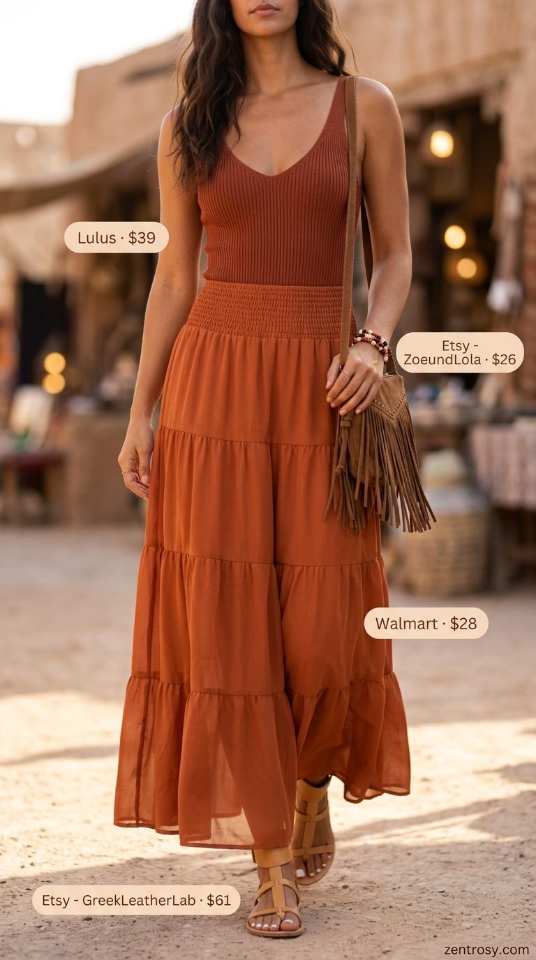 Cute summer bodysuit outfits for women 2026: Terracotta ribbed bodysuit with burnt orange maxi skirt and leather sandals.