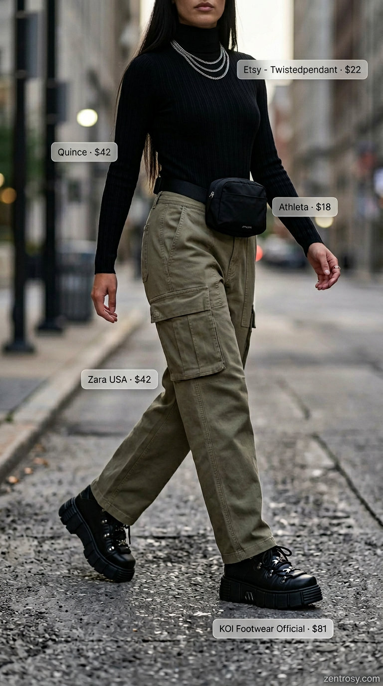 Cute summer bodysuit outfits for women 2026: Black long-sleeve bodysuit with khaki cargo pants and chunky sneakers.
